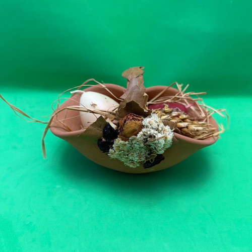 Clay basket with two wax eggs used, vintage