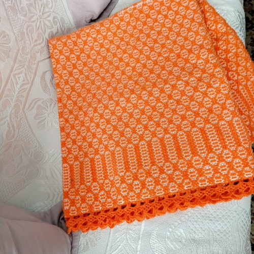 Handwoven caramel blanket with lace, like new