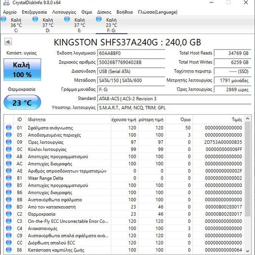 SSD δίσκος Kingston HyperX SHFS37A/240G Fury 240GB 2.5'' SATA3 σαν καινούργιο