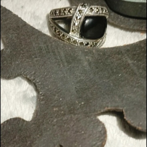 Art Deco silver 925 ring with marcasite and black zircon, cabochon onyx