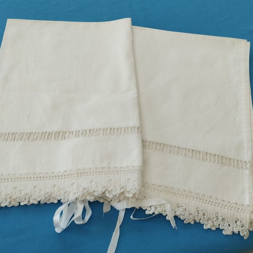 Pair of Handmade Bridal Pillowcases with Crochet Lace and Azur Motif