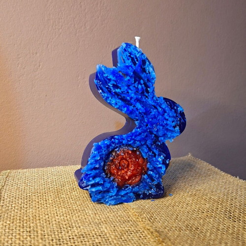Handmade Geode Style Bunny Candle Blue with Crystalline Texture and Red Core New