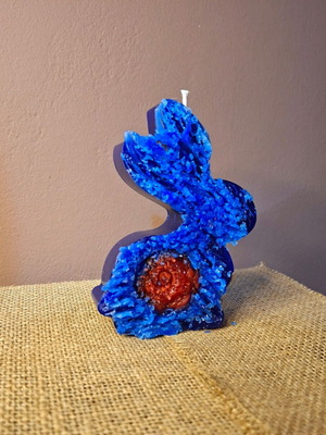 Handmade Geode Style Bunny Candle Blue with Crystalline Texture and Red Core New