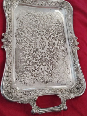 Silver-plated tray used, 1960s Italian Brevettato with engraving