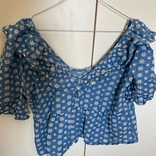 Blue denim blouse with flowers and frills on sleeves like new