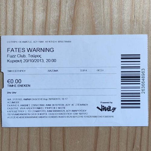 Fates Warning concert ticket like new 20-10-2013