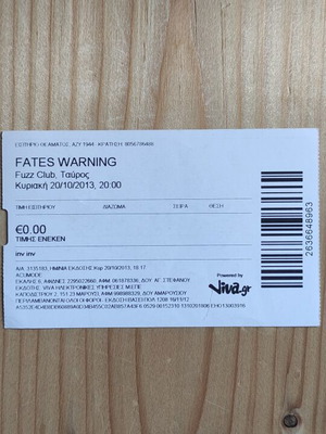 Fates Warning concert ticket like new 20-10-2013