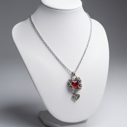Steel necklace adjustable 40–50 cm with handmade Byzantine pendant and red stone