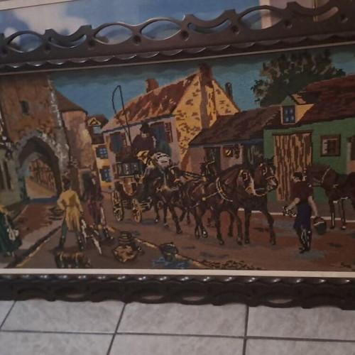Embroidered painting with glass, 19th century France, used