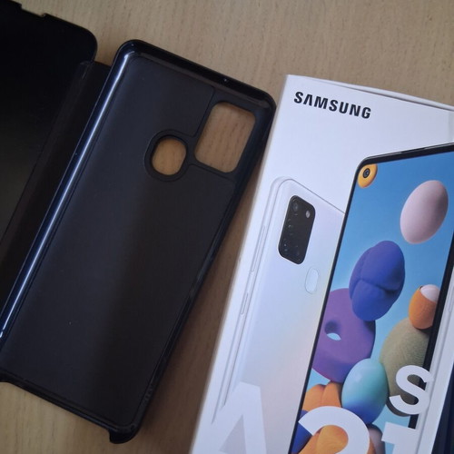 Samsung Galaxy A21s smartphone with accessories