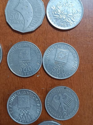 Collection of old coins used, Greek drachmas and foreign