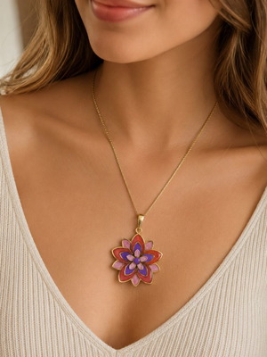 Handmade necklace flower with UV resin hard, new, purple and gold