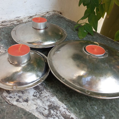 Metal candlesticks set used, 3 pieces, Indian style