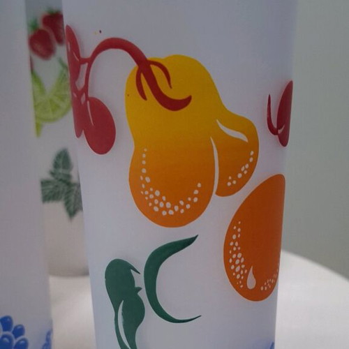 Set of 7 glass glasses for soft drinks like new with fruit designs