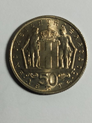 GREECE 50 CENTS 1966 UNCIRCULATED UNC with golden patina