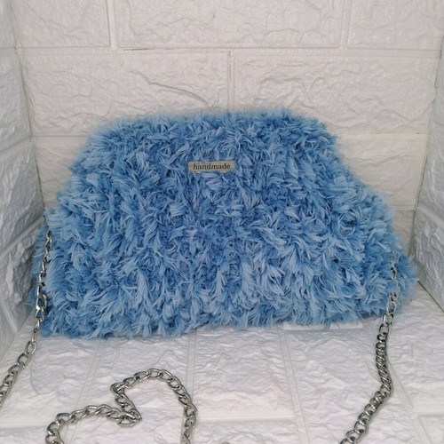 Puffy fur handbag new blue turquoise with chain