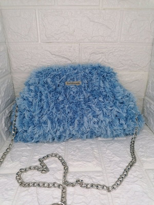 Puffy fur handbag new blue turquoise with chain