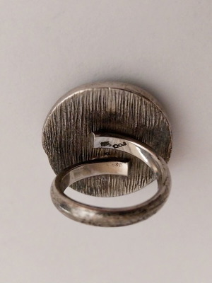 Silver ring used with enamel, orange-green