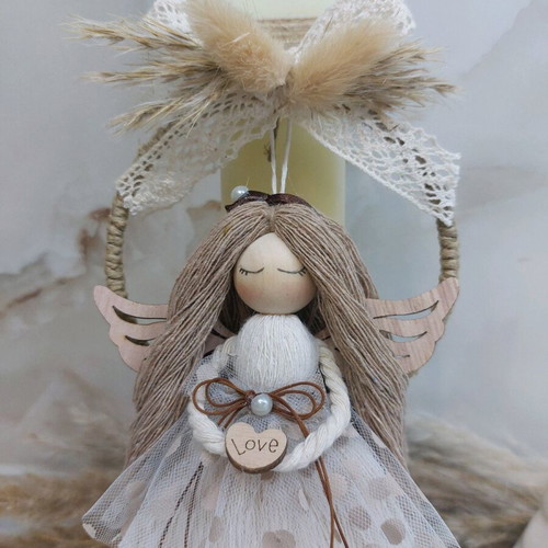 Scented candle with handmade macrame angel decoration new
