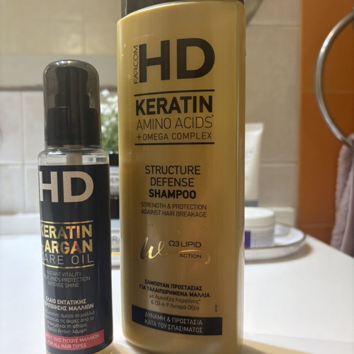 HD Keratin shampoo and Argan oil used for damaged hair