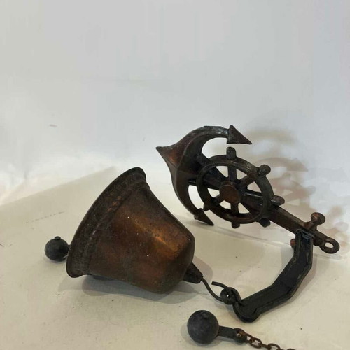 Vintage set of 2 copper wall bells with anchor and ship wheel decoration used