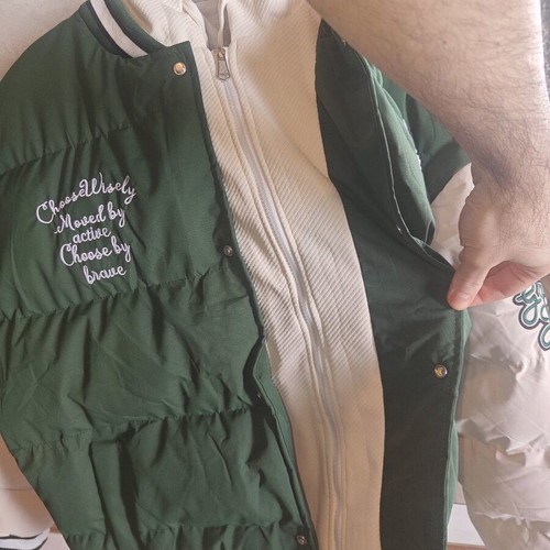 Men's puffer varsity jacket with hood, new, green and white