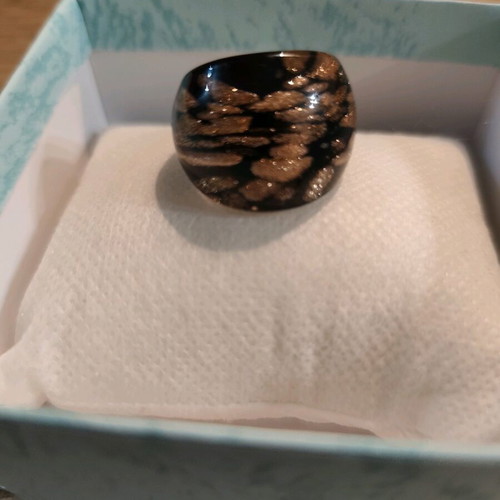 Vintage handmade Murano Glass ring new, black with gold aventurina
