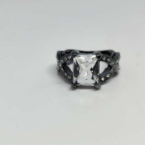 Black ring with large emerald cut crystal, like new