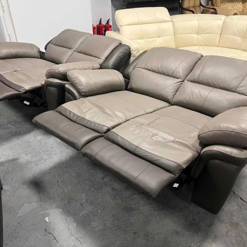 Two-tone gray leather Pluto sofas new with manual reclining mechanism set of two