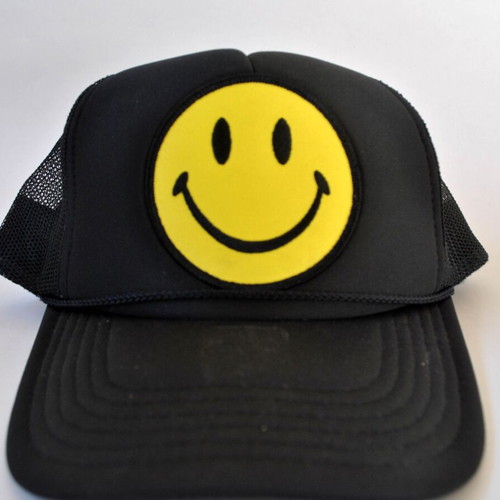 Aviator Nation Smiley Vintage Trucker Hat, black and yellow