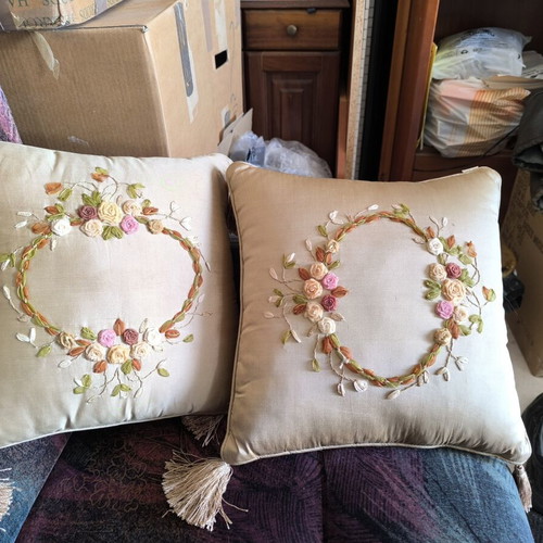 Olga Berg vintage ribbon embroidered silk pillows like new, set of 2