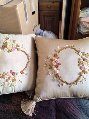 Olga Berg vintage ribbon embroidered silk pillows like new, set of 2