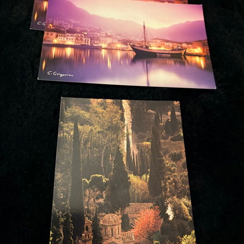 3 Rare G. Grigoriou Postcards like new, Hydra Port and Kaisariani Monastery