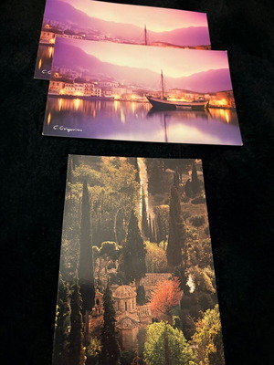 3 Rare G. Grigoriou Postcards like new, Hydra Port and Kaisariani Monastery
