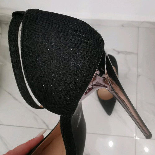 Glamorous black pumps with ankle strap and sparkly heel like new