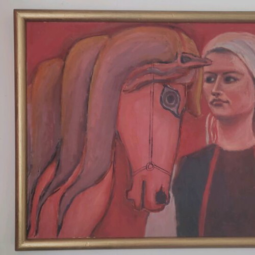 Painting by N. Dogoulis used, woman with horse on wood 53x73cm