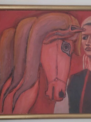 Painting by N. Dogoulis used, woman with horse on wood 53x73cm