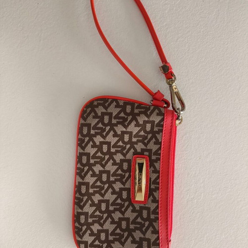DKNY wristlet bag wallet in grey brown with red trim