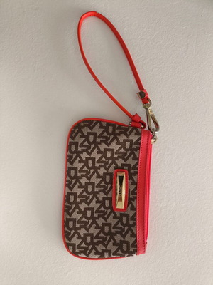 DKNY wristlet bag wallet in grey brown with red trim