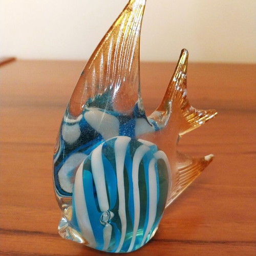 Murano Style Art Glass Fish decoration like new, blue and gold