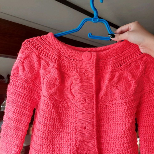 Benetton knitted kids cardigan used, bright coral, size 158 cm