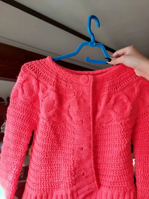 Benetton knitted kids cardigan used, bright coral, size 158 cm
