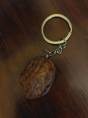 Handmade keychain with natural walnut shell and metal cat