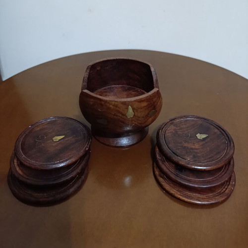 Wooden coasters vintage used, set of six with base and beautiful design