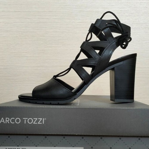 Marco Tozzi women's leather sandals size 41 black with thick 9cm heel unused