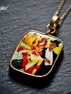 Apefthon Necklace with Domergue 1950 Painting Pendant, Multicolor, Gold