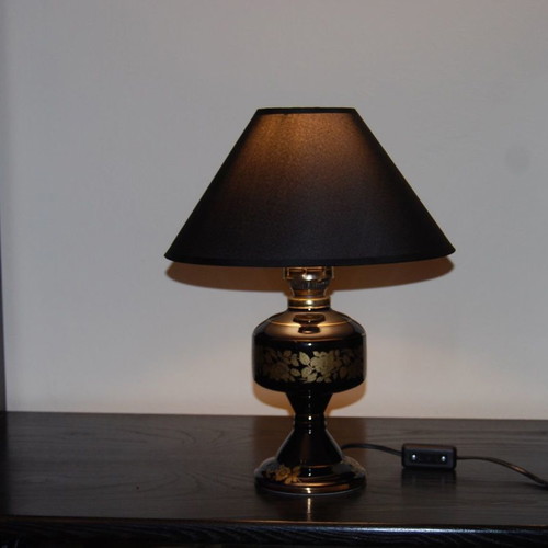 Handmade vintage black ceramic oil lamp portatif with gold designs