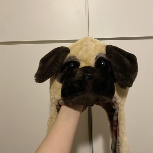 Claire’s Kids plush pug beanie with hooded scarf and hand warmer