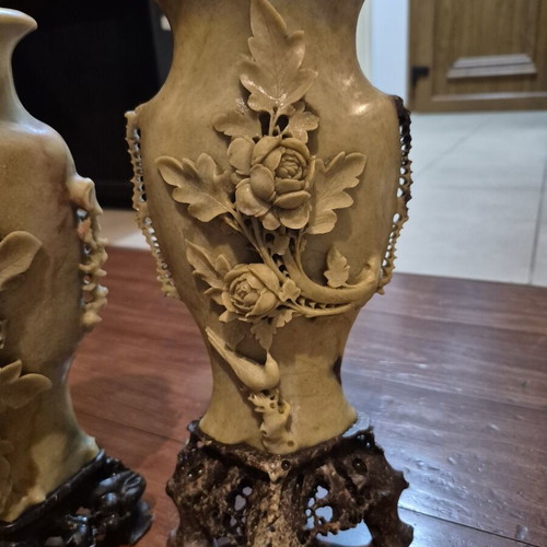Chinese soapstone vases pair used, Republic period 1910–1950