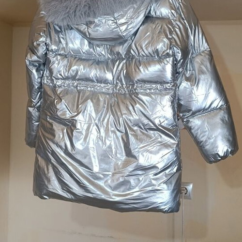 Reserved silver quilted girls' coat with detachable fur hood, like new
